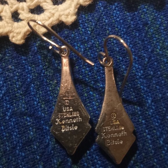 Silver inlay southwestern dangle Earrings! KENNETH BITSIE!!!!! - Picture 2 of 3